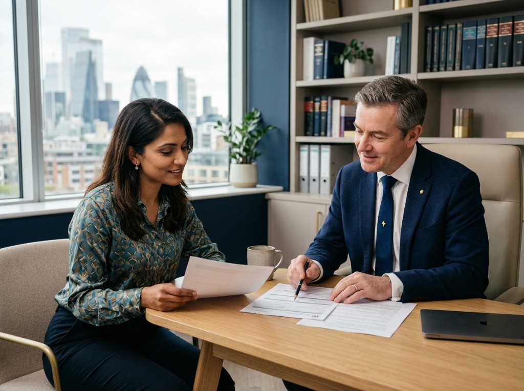 MS Visas & Immigration consultation — advisors reviewing documents together in a modern office
